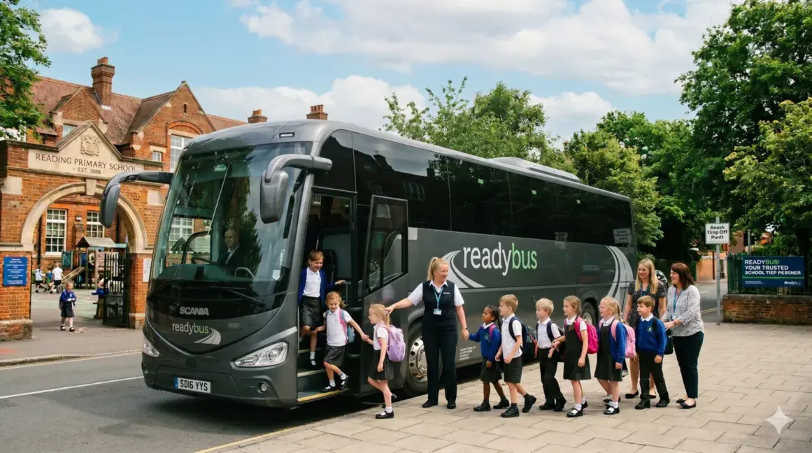 School children standing beside a modern coach during a school trip pickup in Reading