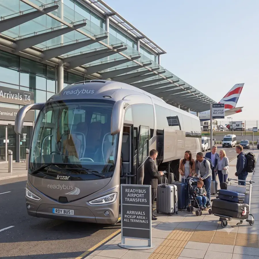 A grey Readybus executive coach parked at Airport Terminal 4 Arrivals pickup area, with passengers and a family loading luggage next to a sign that reads "Readybus Airport Transfers".