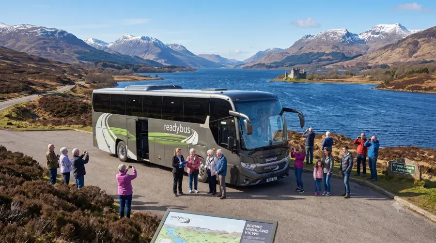 A landscape view of a ReadyBus coach parked near a scenic loch with a group of people nearby.