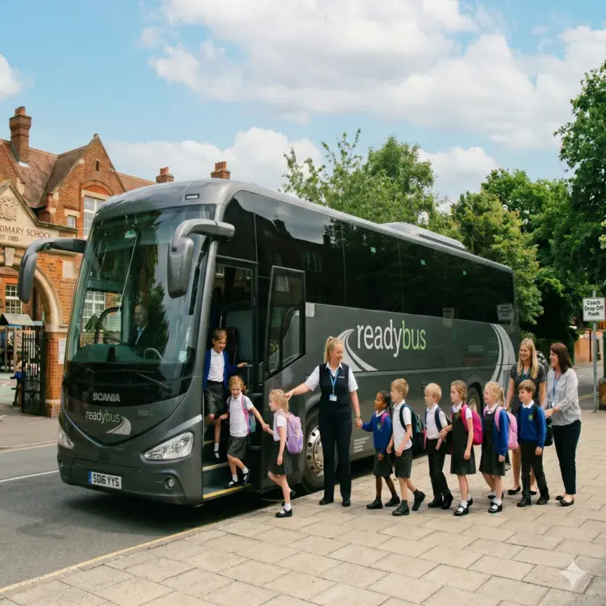 Group of students gathered outside a black school coach before departure