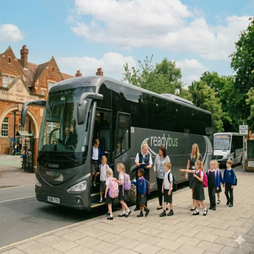 School pupils boarding a coach for an educational trip in Reading