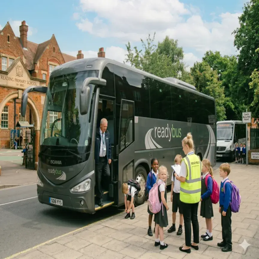 Children and teacher standing beside a school trip coach outside a school building