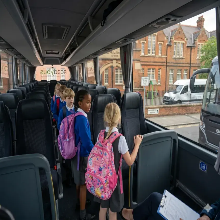 School children walking down the aisle inside a modern coach with spacious seating