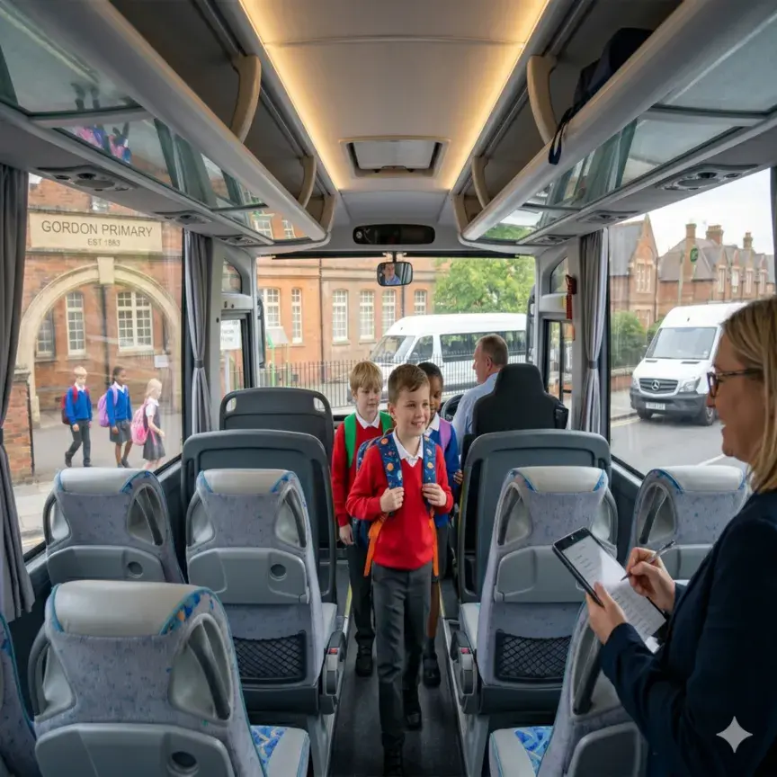 Students seated inside a coach while boarding for a school trip journey