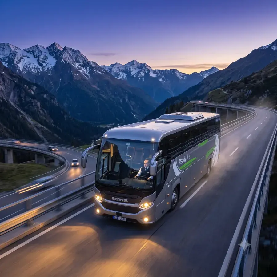 Grey tour coach on a winding mountain pass road at dusk.
