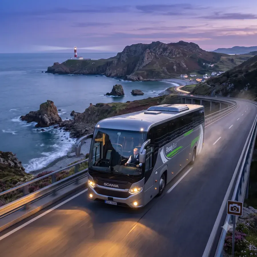 View of the coach with scenic mountain peaks in the background.