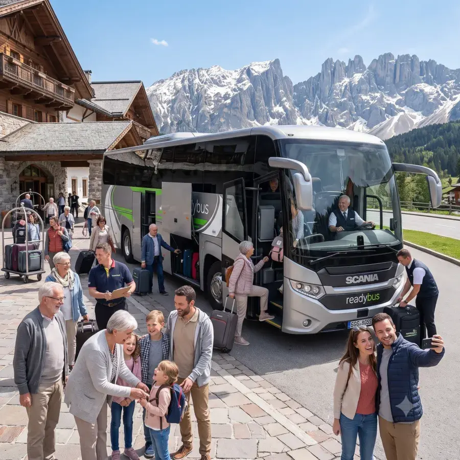 Group gathered in a picturesque European village square near a historic building.