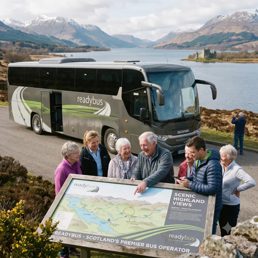 Close-up of tour members gathered around an informational map for the loch, with the coach in the background.