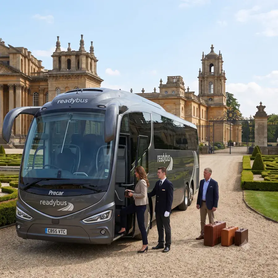 A square photo of a grey Readybus executive coach at a historic estate, showing a female passenger boarding the bus assisted by a driver, with luggage on the ground.