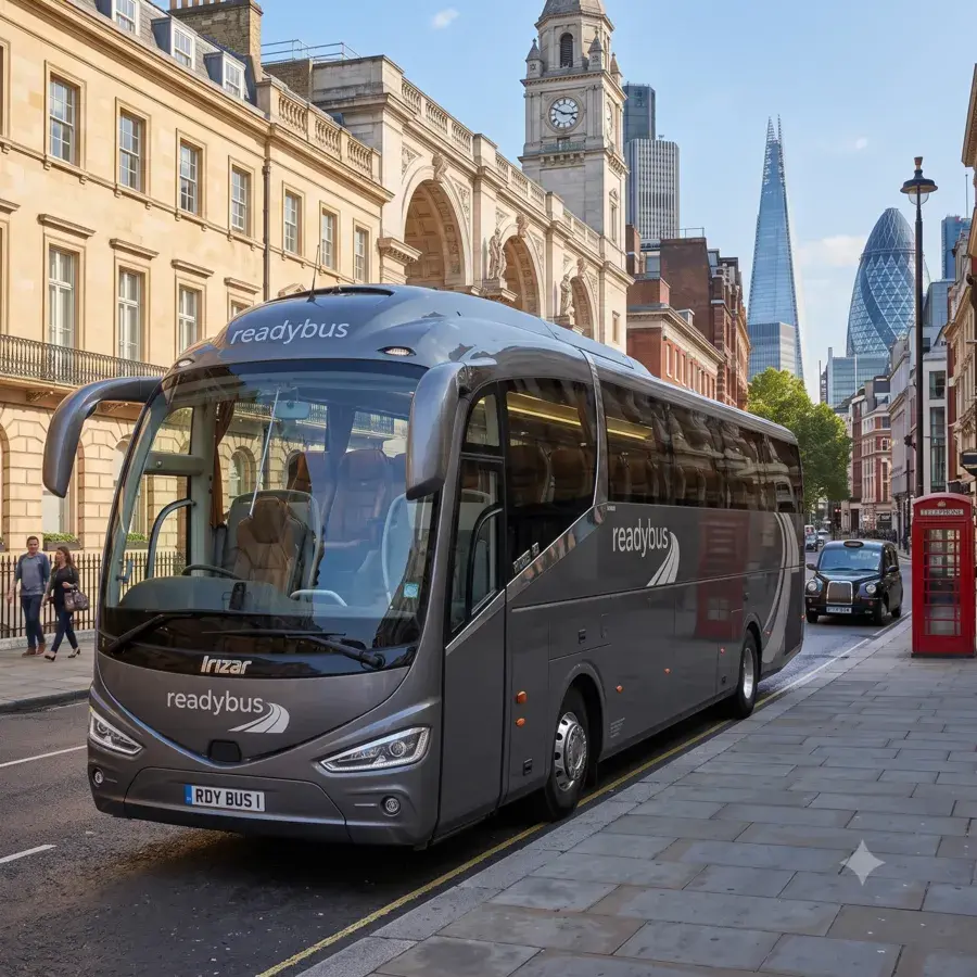 A grey Readybus coach parked on a London city street with iconic skyscrapers like The Shard and The Gherkin, a traditional red telephone box, and a black cab in the background.