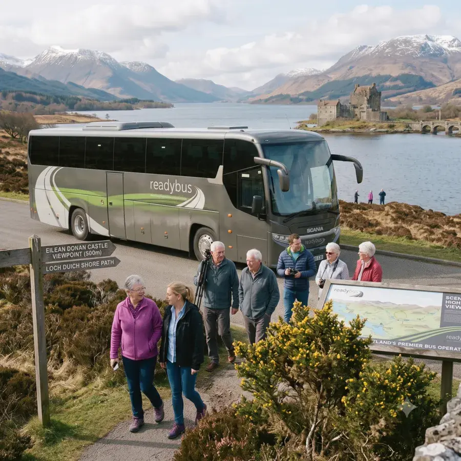 Tour members examining the loch map plaque.