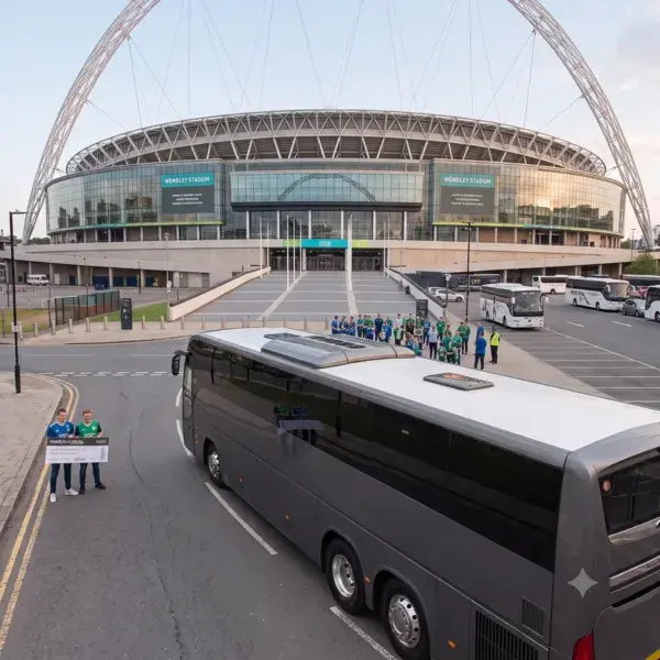 An elevated, high-angle view looking down at a long, grey executive tour bus on a road leading towards a grand stadium entrance, with small groups of people gathered on the pavement.
