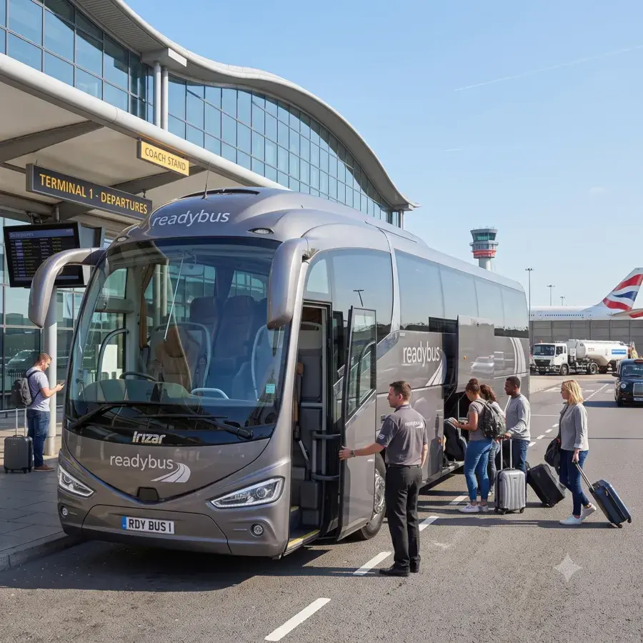 A grey Readybus coach parked at the Terminal 1 Departures coach stand, with passengers carrying rolling suitcases and boarding the vehicle outside the modern airport building.