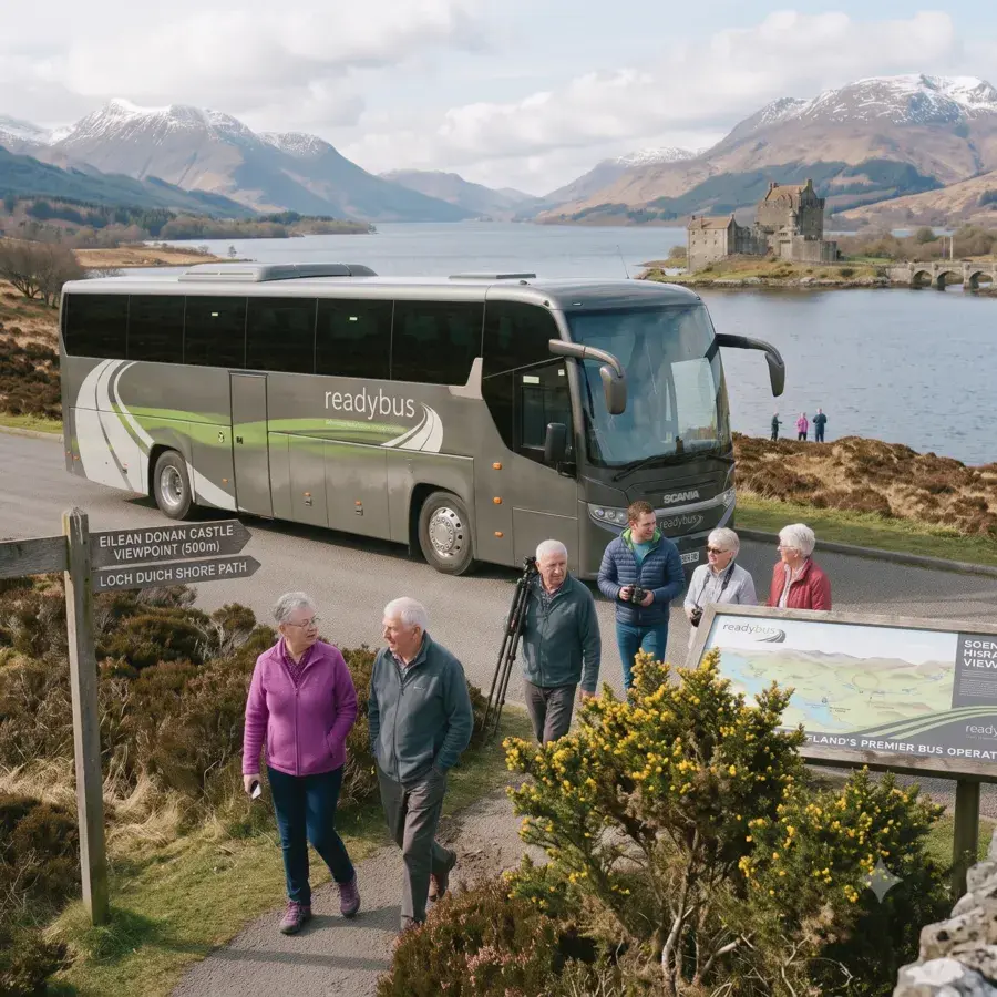 Overall view of the coach and people at the loch landscape.