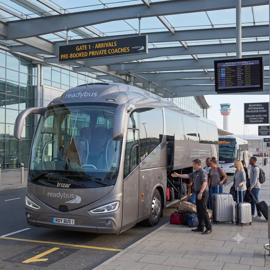 A grey Readybus coach parked at Gate 1 Arrivals for pre-booked private coaches, with a driver assisting passengers as they load their suitcases into the lower luggage compartment.