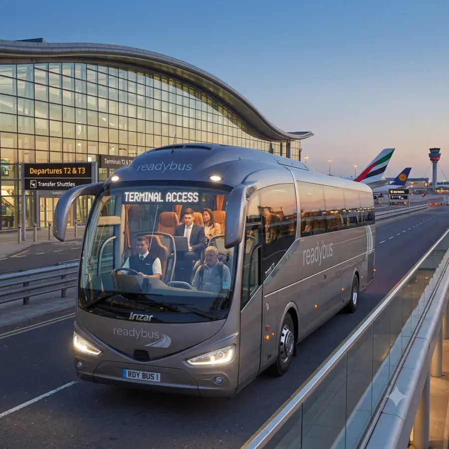 A front three-quarter view of a modern, silver-grey luxury tour bus marked "TERMINAL TRANSFER" on the front dome, driving on a road at dusk with passengers seated inside. The curved glass and steel facade of a large airport terminal building is in the background.