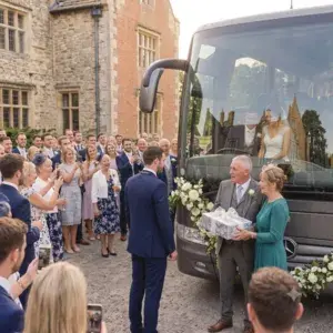A close-up shot of an older couple presenting a wedding gift next to the front of a grey luxury Readybus coach. A crowd of wedding guests stands in the background watching, while the bride and groom's reflection is visible in the coach windscreen.