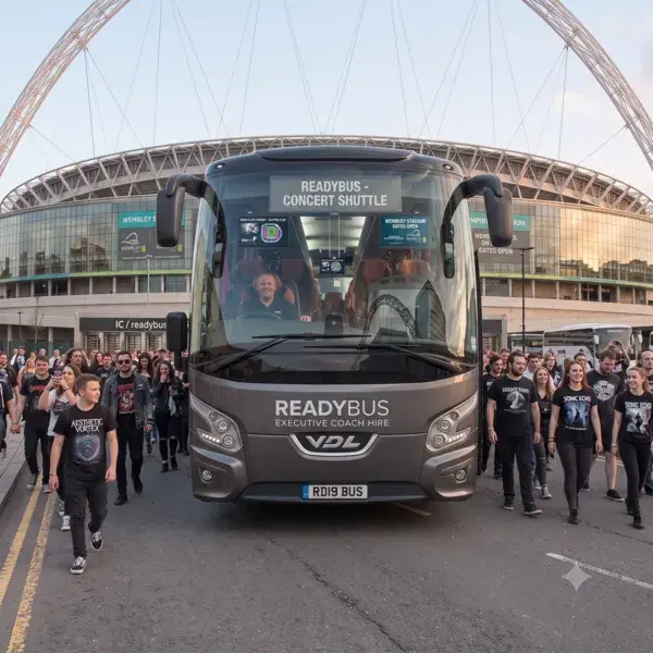 A front-facing shot of a grey executive coach surrounded by a large crowd of concert-goers dressed in black t-shirts, walking down the street outside a massive stadium under a clear sky.