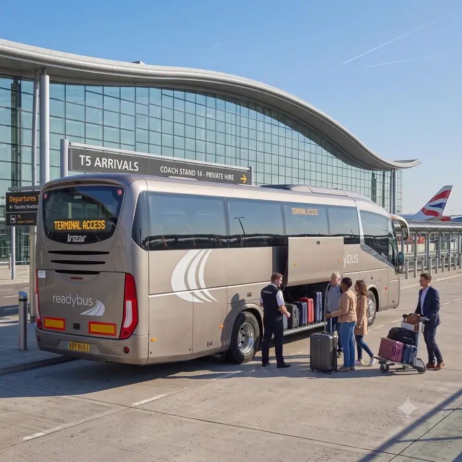 A rear-quarter view of a modern, silver-grey luxury coach with its side luggage compartment open, parked at an airport terminal entrance with clear daylight. A crew member and several passengers with wheeled suitcases are loading and unloading luggage next to the open hold, with signage for "T5 Arrivals" visible on the glass terminal building in the background.